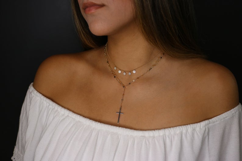 Cross Lariat Necklace | Convertible Gold Filled Reflective Bar Chain